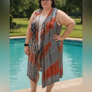 Colorful Tie-Dye Sleeveless Hooded Pocket Cardigan- Size 1X